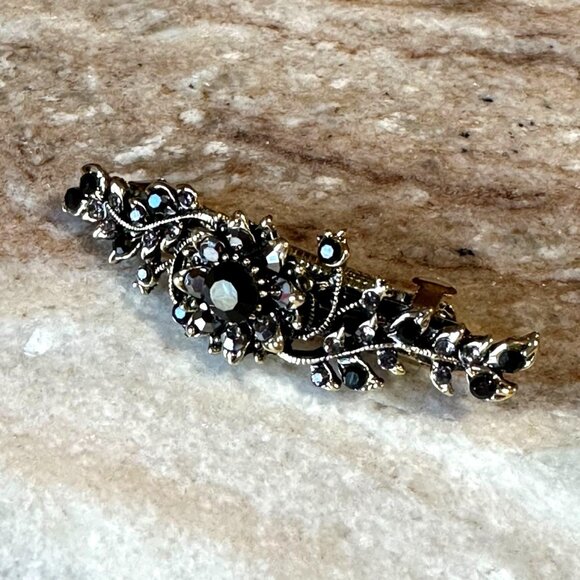 Jet Black & Marcasite Gray Floral Crystal Rhinestone Medium Barrette/Hair Clip - Picture 2 of 6